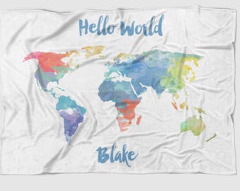 Hello World baby blanket, Personalized baby blanket - Map