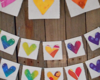Love prayer flags medium with tie dye rainbow hearts one of a kind
