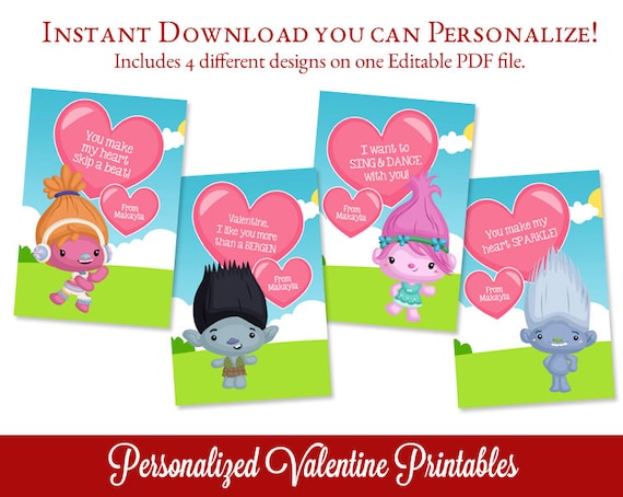 Trolls Editable Valentine's Day Cards To Print