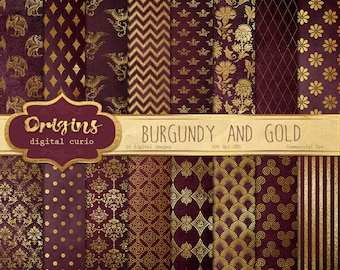 Burgundy and Gold Digital Paper - Red and Gold, Wedding Digital Paper, Purple Gold Scrapbook Paper Pack Instant Download Backgrounds