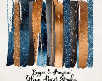 Copper and Prussian Glam Paint Strokes Clipart, watercolor blue and gold glitter, brush stroke clip art, shimmering sparkle png overlays