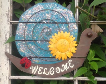 Wooden Snail Front Door Decor - Glittered Blue Hanging Patio Porch Wall