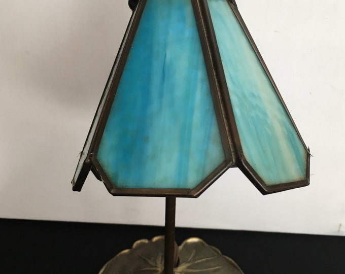 Storewide 25% Off SALE Vintage Oil Bronzed Blue Slag Glass Lily Pad Table Lamp Featuring Beautiful Goose Neck Stem Design