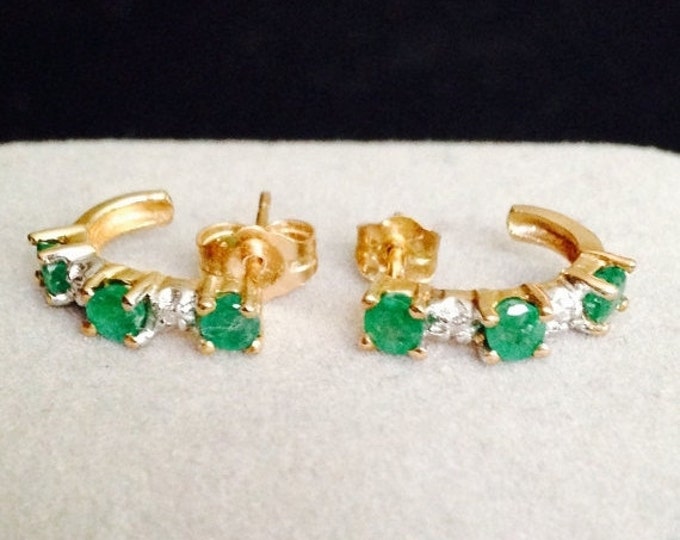 Storewide 25% Off SALE Vintage 10k Gold Crescent Moon Shaped Emerald & Diamond Designer Earrings Featuring Beautiful Alternating Size Gemsto