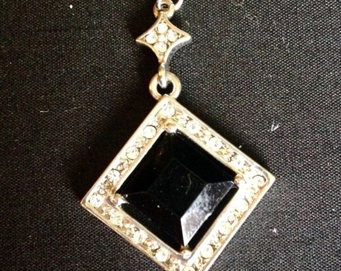 Storewide 25% Off SALE Vintage Diamond Shaped Black Onyx Pendant With Silver Tone Trim & Chain Featuring Elegant Rhinestone Embelished Trim