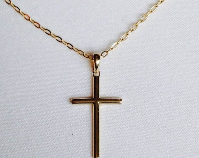 Storewide 25% Off SALE Vintage 14k Yellow Gold Single Cross Pendant With Gold Tone Chain Designer Necklace Featuring Modern Finish