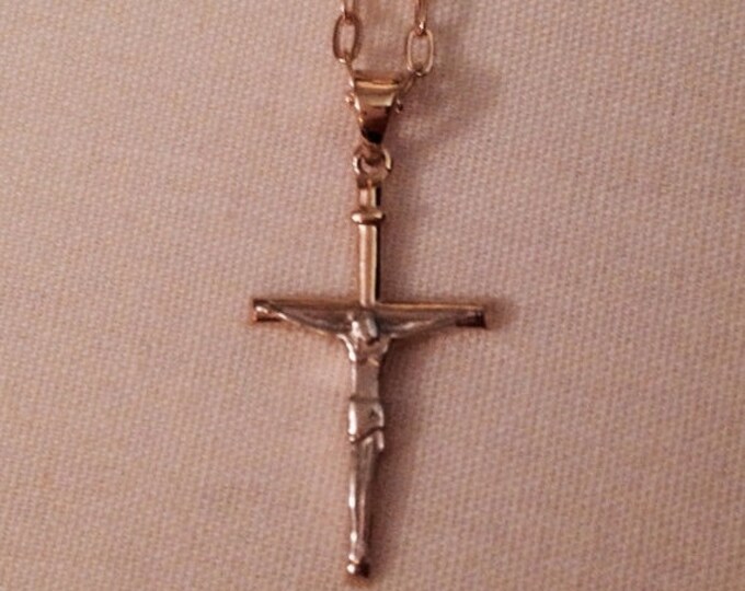 Storewide 25% Off SALE Vintage 14k Yellow & White Gold Crucifix Cross Pendant With Gold Tone Chain Necklace Featuring Elegant Detailed Finis