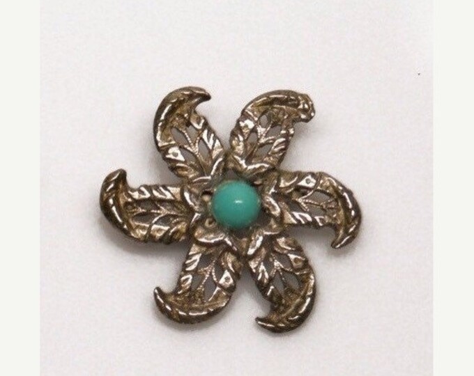 Storewide 25% Off SALE Beautiful Vintage Silver Tone Southwestern Faux Turquoise Designer Cocktail Brooch Featuring Native Pinwheel Inspired