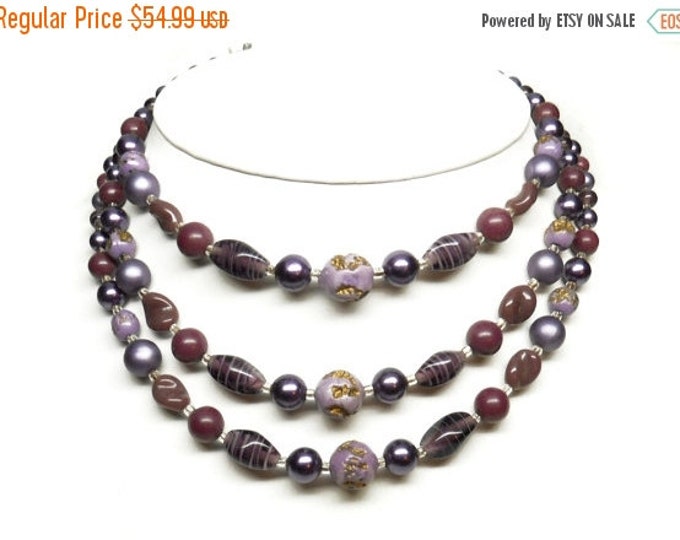 Storewide 25% Off SALE Vintage Triple Strand Lavender Purple Tone Mixed Glass Beaded Ladies Necklace Featuring Adjustable Length Design