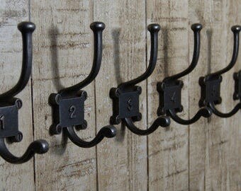Industrial Chic 6 Numbered 1 to 6 Antique Iron Coat Hooks Pegs School Hooks Gift 2 Part
