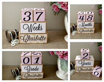 Baby Age Blocks With Name, Large Wooden Baby Blocks, Personalised Baby Milestone Blocks for Photo Prop, Baby Shower Gift, Pink and Gold