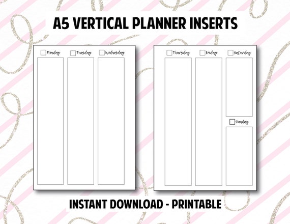 a5 vertical weekly layout planner printable inserts