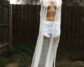 Coachella Long Cardigan Eyelash Lace Duster Boho Swim Gypsy Full Length Cover Up Hooded Cardigan Sheer Cover Up Bridal Duster Festival Top