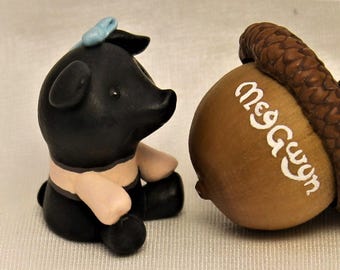 Cute Saddleback Pig Miniature Figurine, with blue ribbon. Hand sculpted and painted OOAK. British Saddleback or Hampshire Pig.