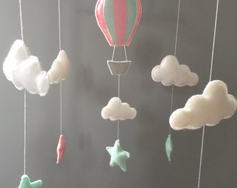 Cot Mobile, Clouds & Stars, Hot Air Balloon Musical Cot Mobile, Baby Mobile, Cloud Nursery Mobile, Pink Mint Nursery, Nursery Decor, Nursery