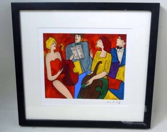 Linda Le Kinff Signed Seriolithograph Litho Lithograph Cello Players 8 by 10 Framed