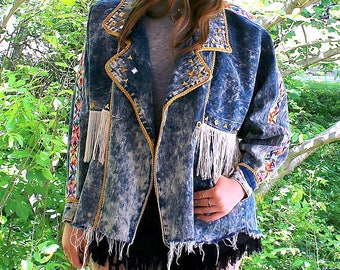 Denim Jacket Distressed Jean Fringe Jacket Bedazzled 80's Jacket Medium-Large