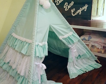 Mint Green Ruffle Teepee with White Pompom Topper, Teepee, Girls Teepee, Play Tent, Kids Teepee, Lace Teepee, Play Teepee