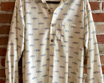 Father's Day Retro Men's Oatmeal Cotton Button down Oxford with Blue Fish Pattern, Medium