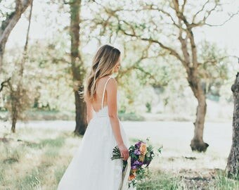 Sample SALE Gillian/ Lace Bohemian Wedding Dress / Cotton Lace with OPEN BACK Boho Romantic Wedding Dress /Thin Spaghetti Strapless