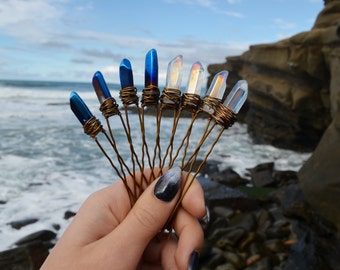 Angel Aura Crystal Hair Pins, Raw Quartz Hair Pin, Bridal Accessories, Wedding Hair Accessories