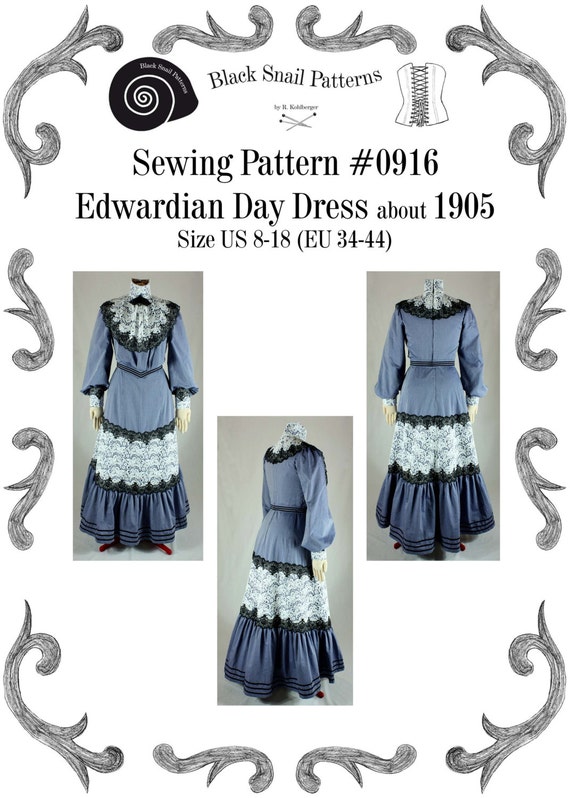 Edwardian Day Dress about 1905 with a Turtleneck Sewing Pattern #0916 Size US 8-30 (EU 34-56) PDF Download by BlackSnailPatterns steampunk buy now online