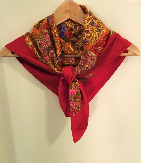 100 silk vintage Greek scarf in bright red blue and gold
