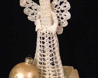 Crocheted Angel Tree Topper, Christmas Angel Ornament, Angel Decoration, Large, White, 1980s, Hand Crocheted, Vintage Christmas
