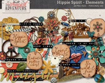 Boho hippie digital scrapbooking elements instant download, leather, lace, wood slice, feathers, charms, crochet flowers, peace