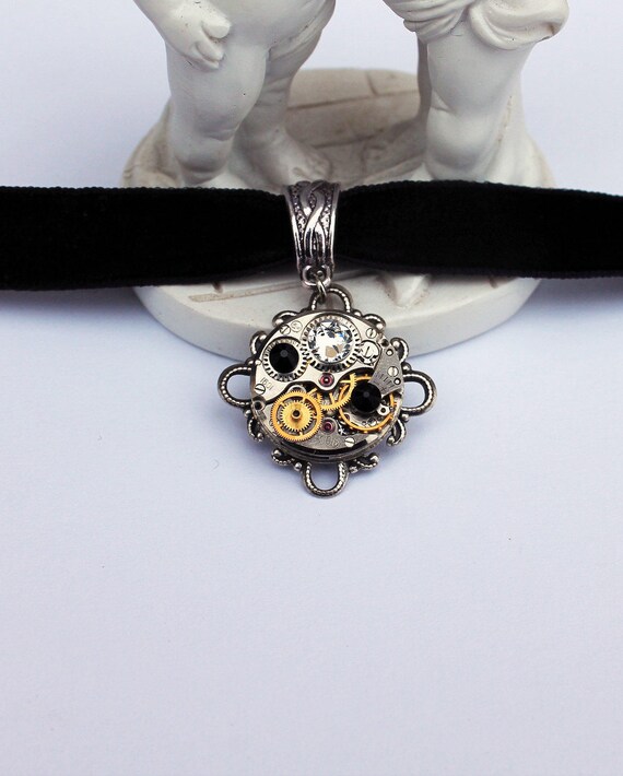 Steampunk black velvet choker with swarovski crystals by DreamCloudJewelry steampunk buy now online