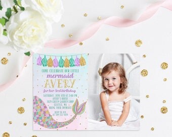 Mermaid Birthday Invitation, Mermaid Photo Invitation, Mermaid Invite, Mermaid Invitation, Mermaid Party, Purple & Gold, The Little Mermaid