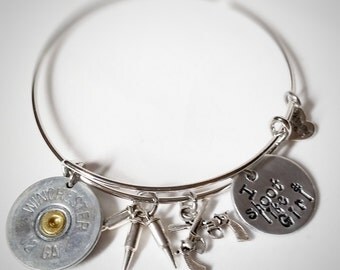 Shoot Like A Girl, Bullet Bangle Bracelet, Bullet Jewelry, Hand Stamped, Gun Jewelry, Gift for her, Country Girl Gift