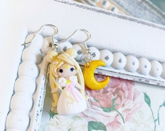 Chibi earrings Polymer Clay Fimo Earrings Kawaii Cute Sailor Moon Serenity tiny Princess Princess Bunny Handmade Gift