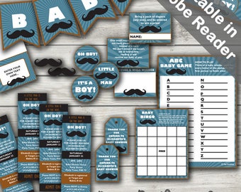 Mustache Baby Shower Decorations, Invitations and Games. Baby Boy. Editable. Printable.