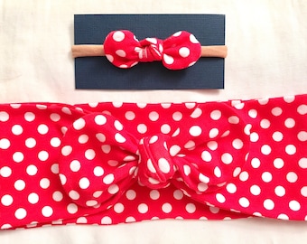 Rosie the Riveter Red with White Polka Dots Top Knot Stretchy Bow/Head wrap/Turban OR Nylon Headband/Hair Tie for Baby, Child or Teen/Adult