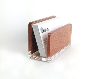 Business Card Holder-Acrylic-Rose Gold-Copper-Glitter-Desk-Accessory-Made in USA