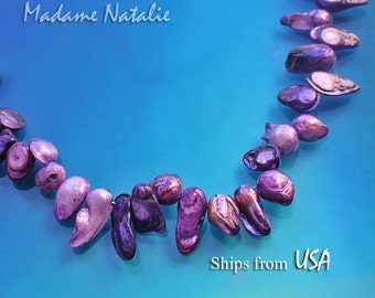 Purple Freshwater Baroque Pearl Beads Strand 15" (52pc), Irregular Purple Dyed Pearl Teardrop Beads, Violet Pearls, Grade D Pearl Beads