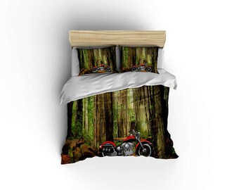 Classic Harley Davidson duvet,Vintage Motorcycle duvet covers,motorcycle decor,biker bedding,Chopper Bedding,Made in USA,Redwoods California