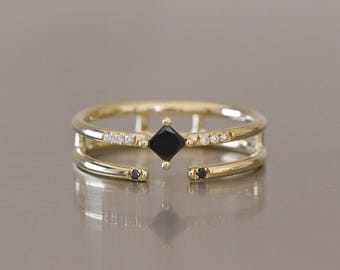 Black diamond ring, Alternative Engagement Ring, Diamond open ring, Black Diamond Engagement Ring, square diamond ring, boho engagement ring