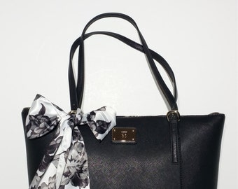 Handbag Scarf: Black Dahlias Charmuese Satin, Dazzling Purple Floral Charmuese Satin, Rainbow Metallic Gold Foil Variety Handbag Scarves