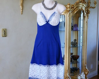 Vintage 1950s Stunning Sheer Electric Blue Nylon Full Slip Petticoat with White Lace Detail Size Small (324)