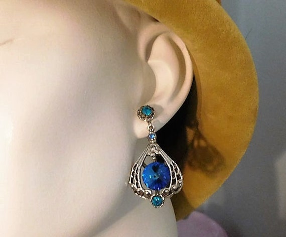 Rhinestone Earrings Clip On Mid Century Blue Headlight Drop Dangle Earrings Hollywood Vintage Wedding Bride Bridal Fashion Jewelry Foilback