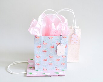 Flamingo gift bags, pink paper bags, watermelon paper bags, Tropical Spring, Paper Poetry