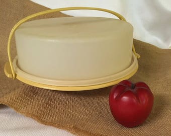 Vintage Tupperware Pie Saver, Cake Carrier, Bakery Keeper, Sheer White and Yellow Tupperware, Kitchen Storage, Covered Cake Plate