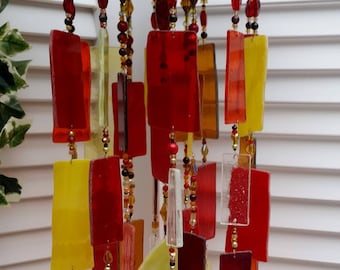 Stunning Stained Glass Wind Chime and Sun Catcher in Red, Yellow and Amber Stained Glass with Glass Beads for Yard and Garden Decor