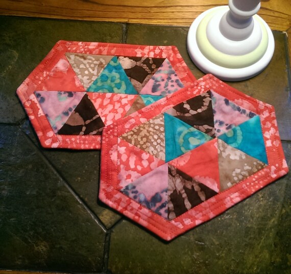Quilted Batik Mug Rug Set of 2 Geometric Shaped Snack Mat
