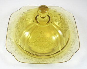 Federal Glass Butter Dish with Lid, Yellow ~ Amber Color ~ Madrid Pattern ~ Depression Glass 1930's