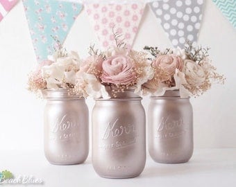 Blush Wedding / Silver Champagne / Blush Rose Gold Wedding Centerpiece Painted Mason Jars Table Reception Decor / set of 3 pints