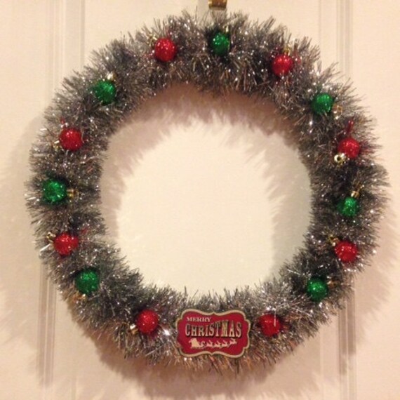 Items similar to Christmas Wreath, Silver Tinsel Wreath, Merry