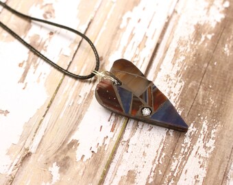 Blue Heart Pendant, Brown Heart Pendant, Mosaic Pendant, Stained Glass Pendant, Heart Jewellery, Colourful Pendant, Gift for Girlfriend